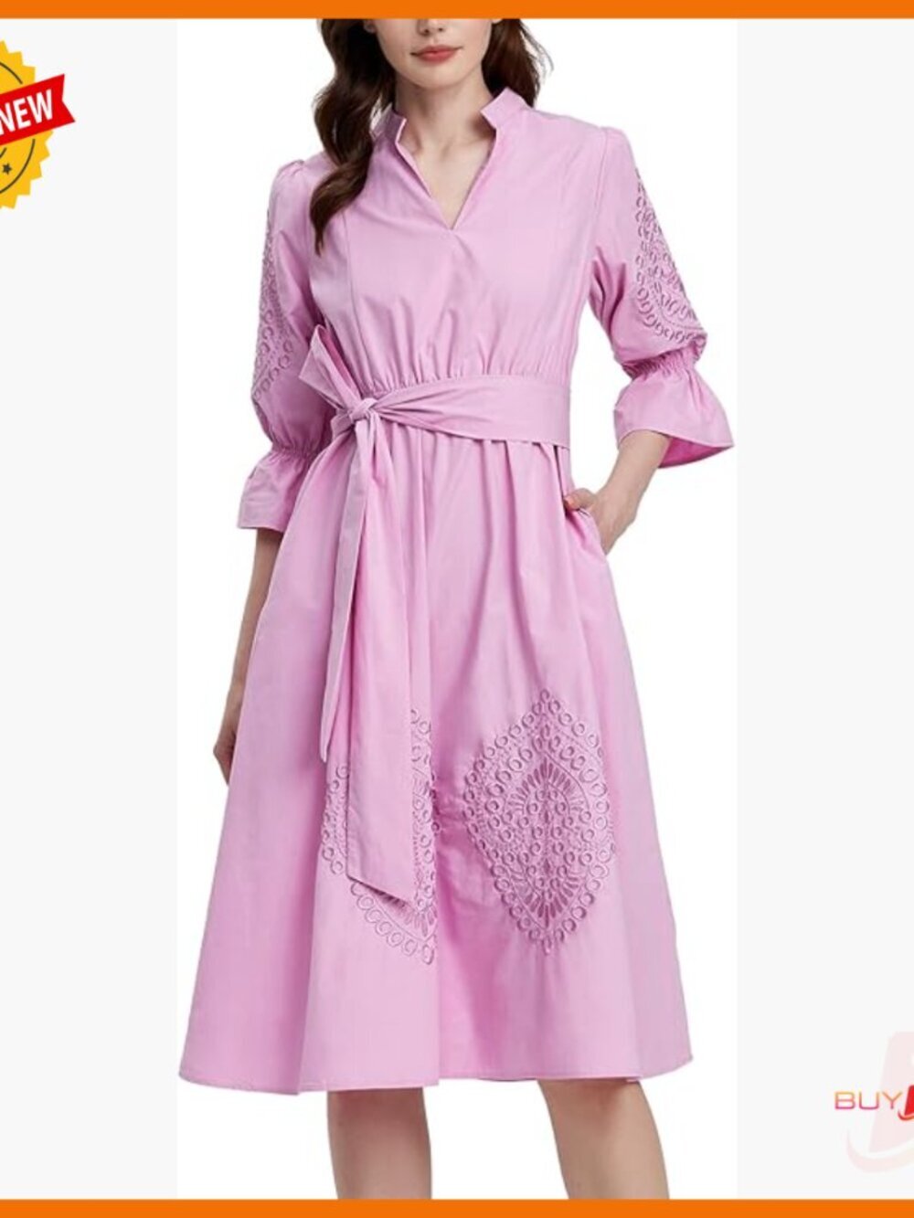 Cotton Midi Dress with Embroidery, 3/4 Sleeves, V Neck, High Waisted, Pockets